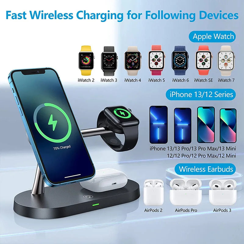 3-in-1 Wireless Charging Stand for iPhone 12-16, Apple Watch Series 4-10, and AirPods Pro 2-3